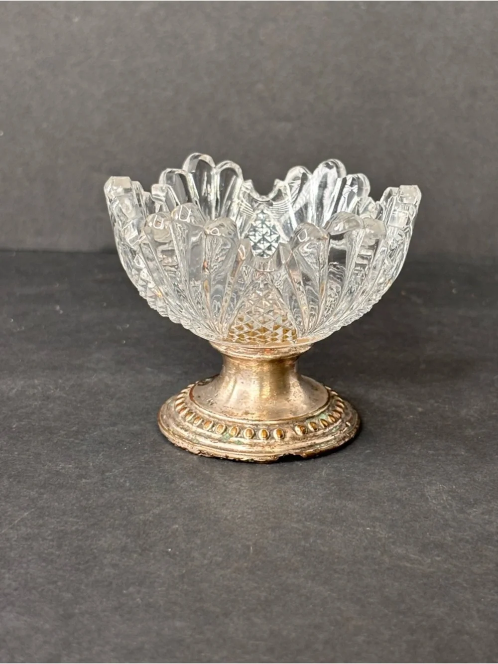 Vintage Lotus Cut Glass Open Salt Cellar -Pedestal Silver-Plated Base